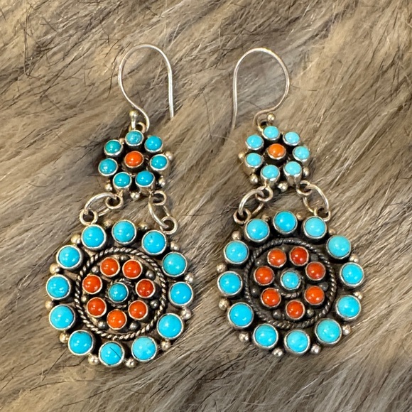 Turquoise and Red Coral Silver Dangle Earrings